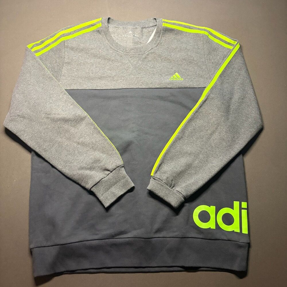 Size XL Mens – Adidas Gray Neon Logo 3 Stripe Colorblock Crewneck